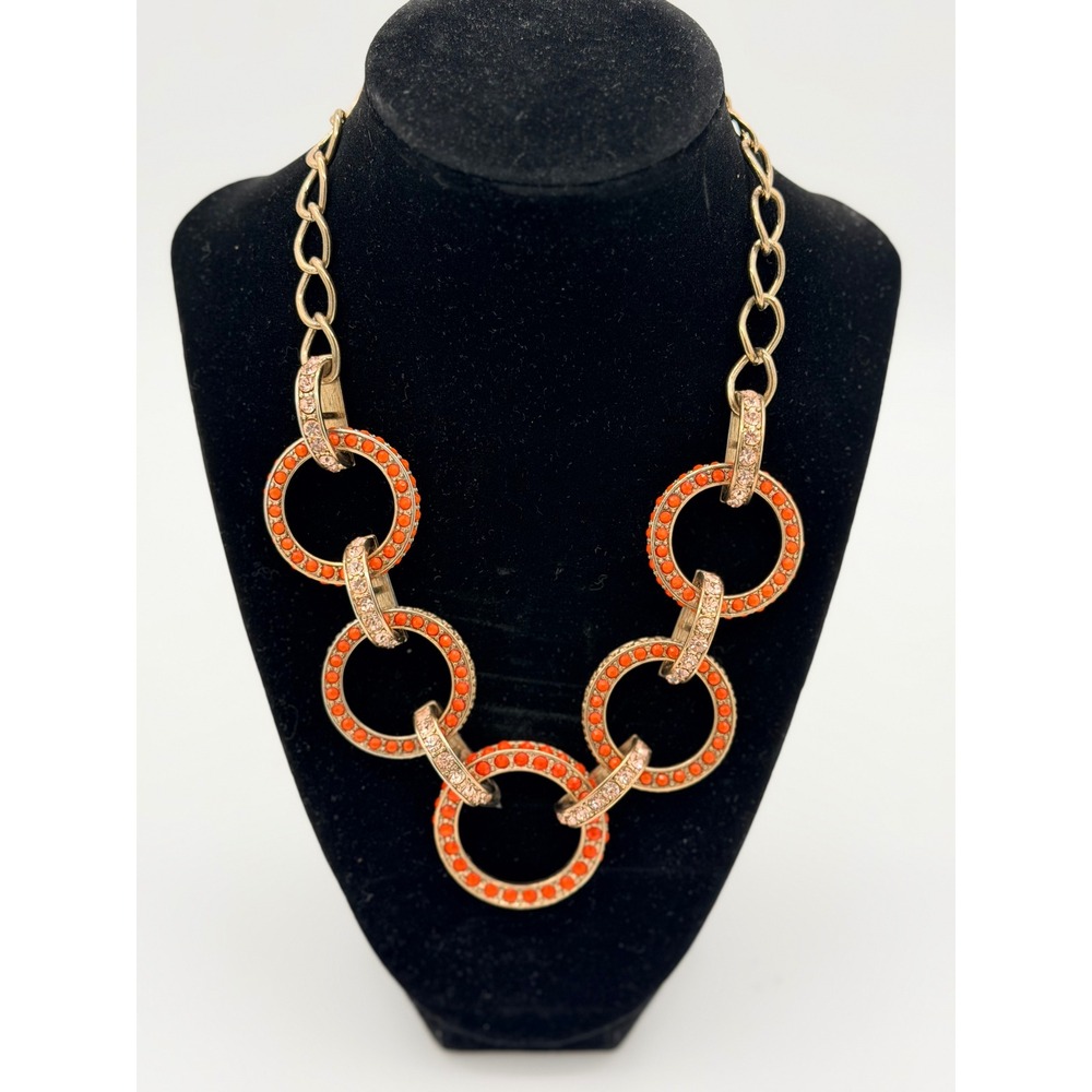 Orange Rinestone Circle Link Statement Necklace Gold Tone Chunky Cocktail 24in